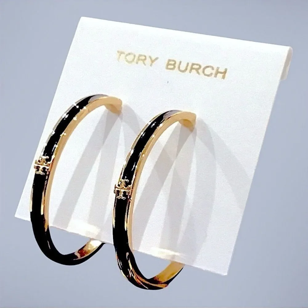 TORY BURCH 18K GOLD AND BLACK ENAMEL HOOP EARRINGS